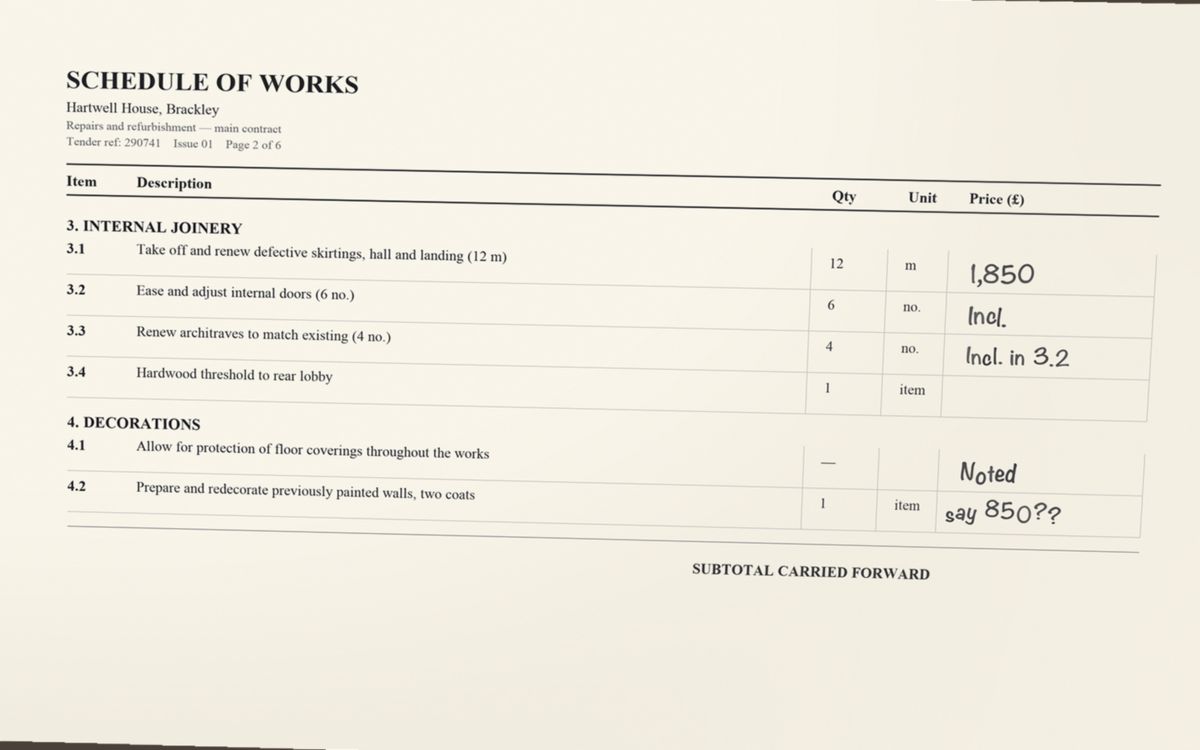 A printed schedule of works priced by hand in ballpoint, photographed at an angle on a desk
