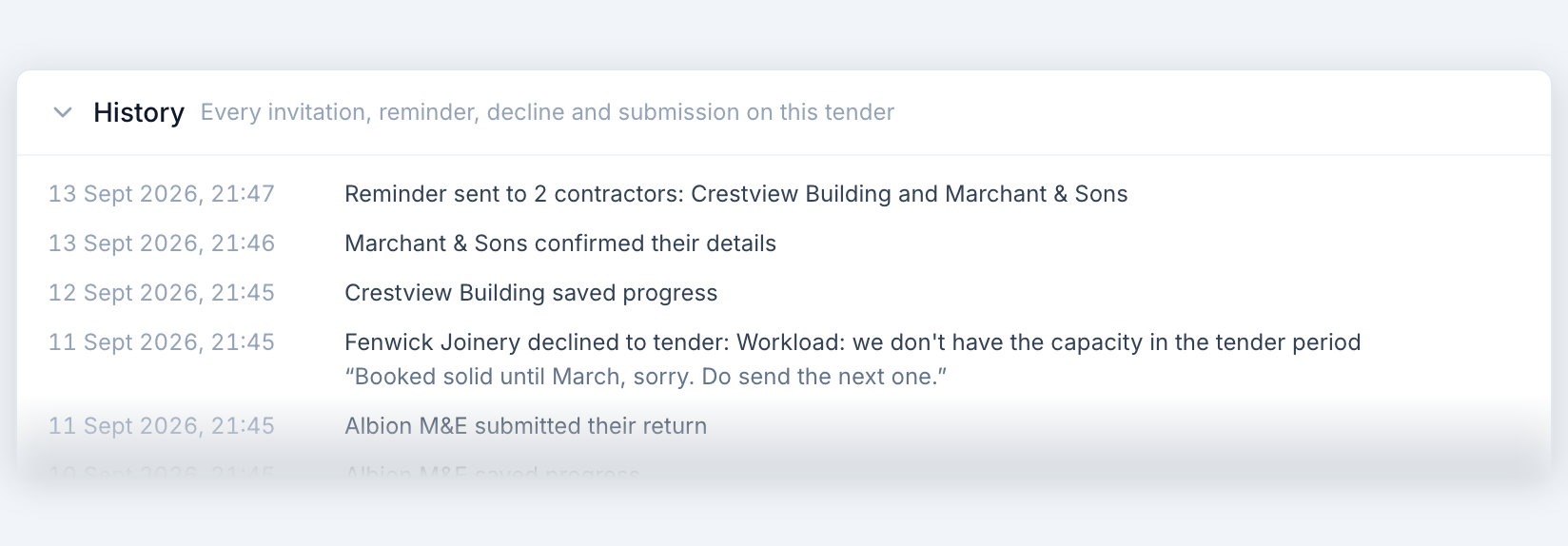 The top of the tender history, fading out where the trail continues. One entry reads Reminder sent to 2 contractors: Crestview Building and Marchant & Sons. Beneath it, Marchant & Sons confirmed their details, Crestview Building saved progress, and Fenwick Joinery declined to tender with the workload reason and their note.
