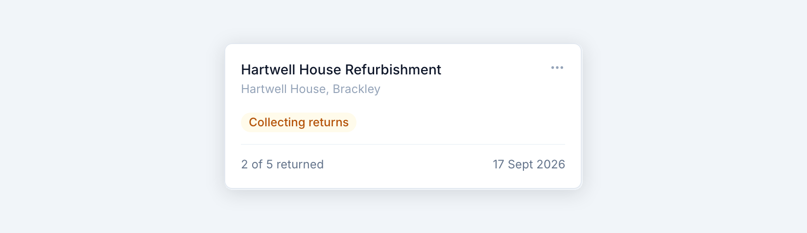 A dashboard card for Hartwell House Refurbishment showing the stage Collecting returns, the line 2 of 5 returned, and the return date 17 Sept 2026.