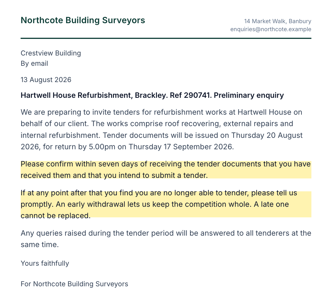A preliminary enquiry letter on the letterhead of a fictional surveying practice, addressed to Crestview Building about Hartwell House. Two paragraphs are highlighted: confirm within seven days that you have received the documents and intend to tender, and tell us promptly if you are no longer able to tender.